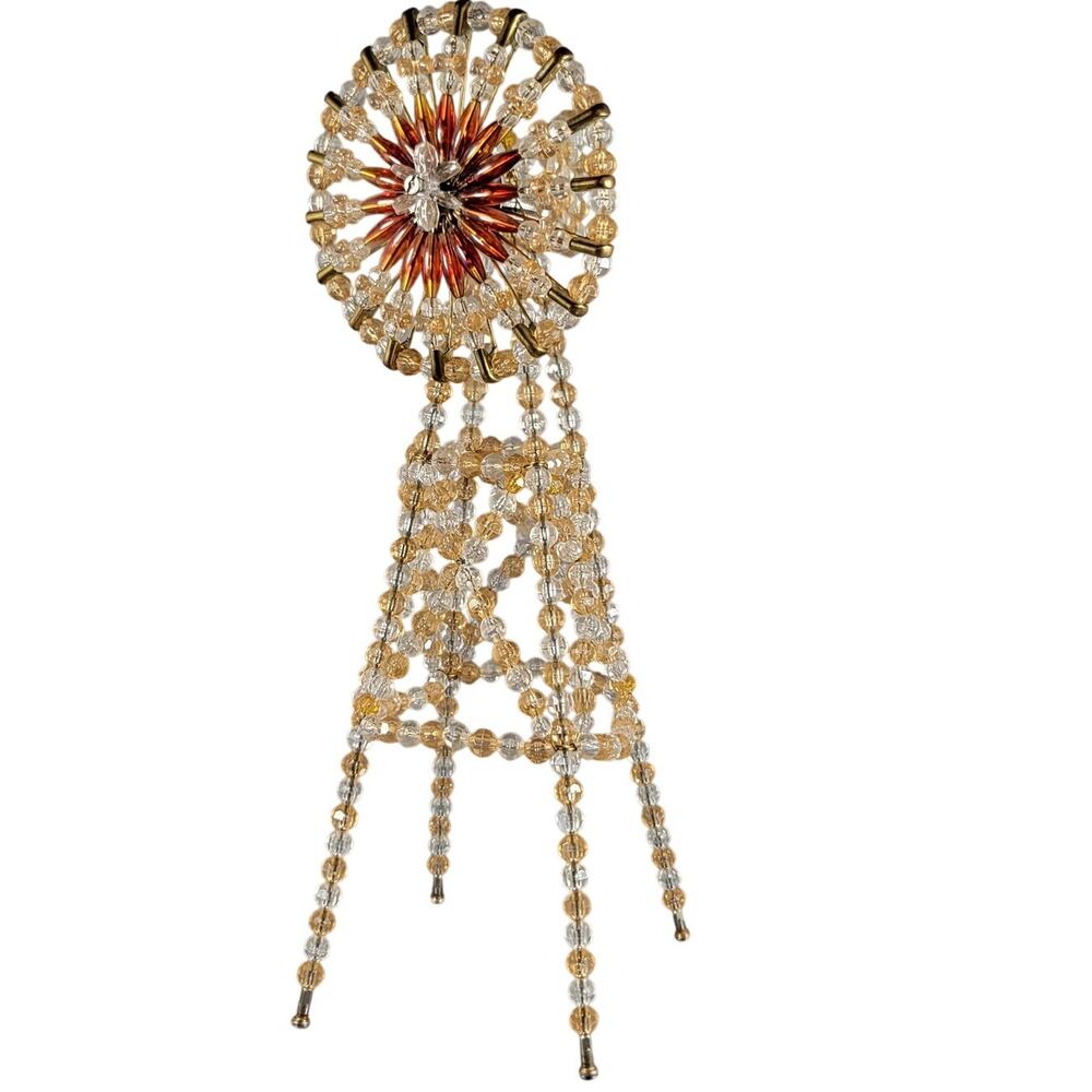 Vintage Beaded Windmill Sculpture Gold Amber Plastic Bead Handmade 13" Farmhouse